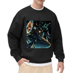 Men's crewneck sweatshirt seen on a model, its front graphic depicting whale riders drifting among stars and luminous rings
