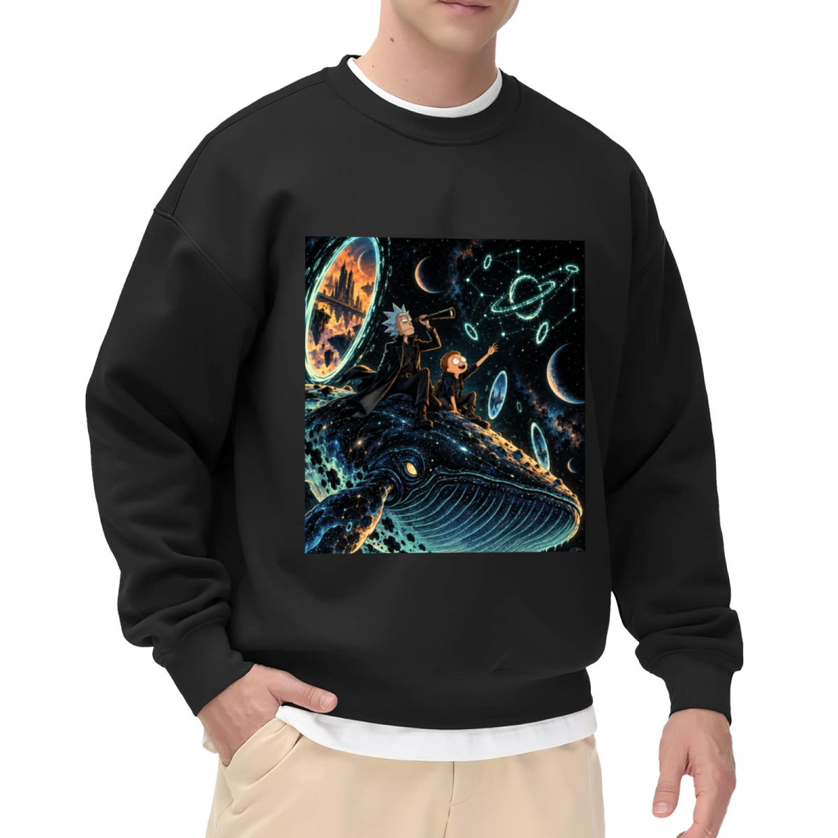 Men's crewneck sweatshirt seen on a model, its front graphic depicting whale riders drifting among stars and luminous rings
