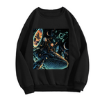 Front garment photograph: men's crewneck sweatshirt decorated with whale riders drifting among stars and luminous rings