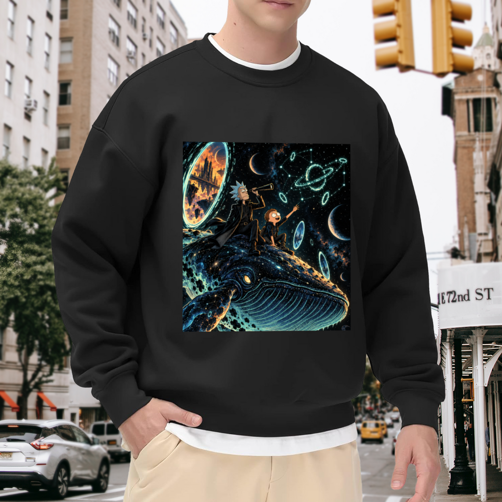 Whale riders drifting among stars and luminous rings visible on a men's crewneck sweatshirt in an outdoor front model view