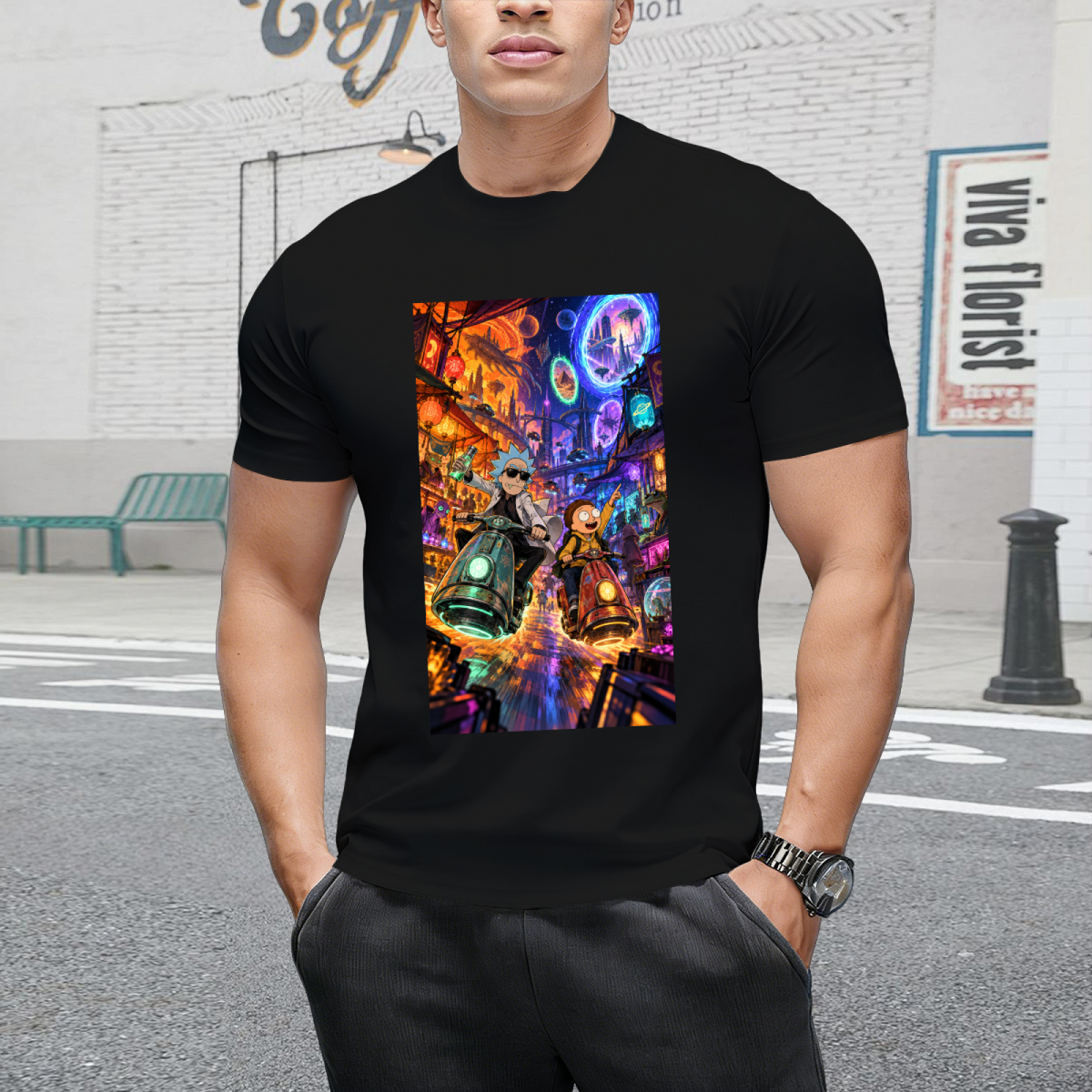 Neon Scooter Chase Men's T-Shirt for Nightlife