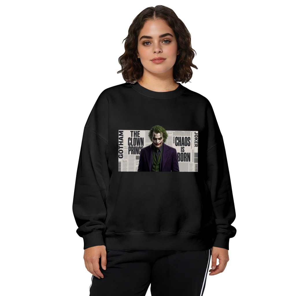 Front-facing model wearing a women's crewneck sweatshirt decorated with a suited clown portrait against a newspaper-style text collage