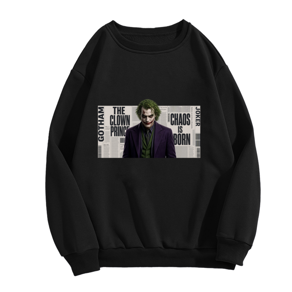 A suited clown portrait against a newspaper-style text collage shown on the front of a women's crewneck sweatshirt in a standalone product shot