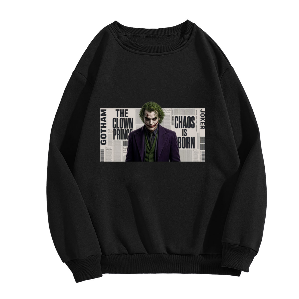 A suited clown portrait against a newspaper-style text collage shown on the front of a women's crewneck sweatshirt in a standalone product shot