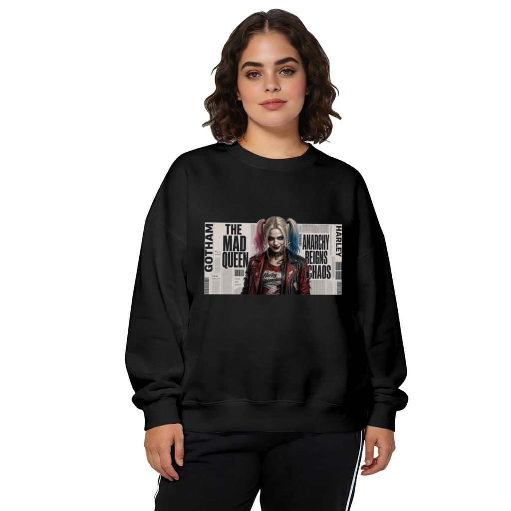On-model product photo: women's crewneck sweatshirt bearing a pigtail portrait layered over rectangular newspaper-style lettering