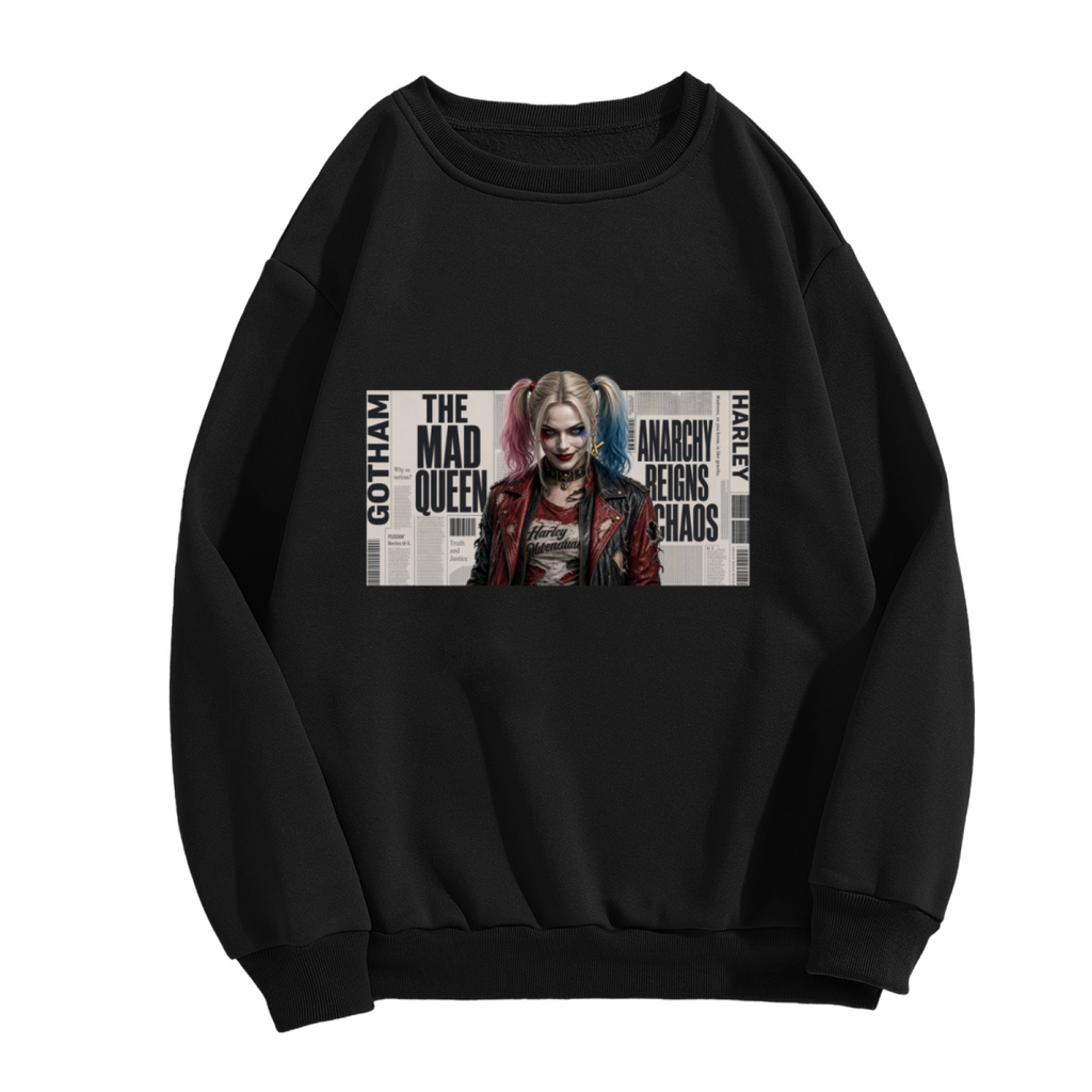 Women's crewneck sweatshirt photographed alone, with a pigtail portrait layered over rectangular newspaper-style lettering on the front