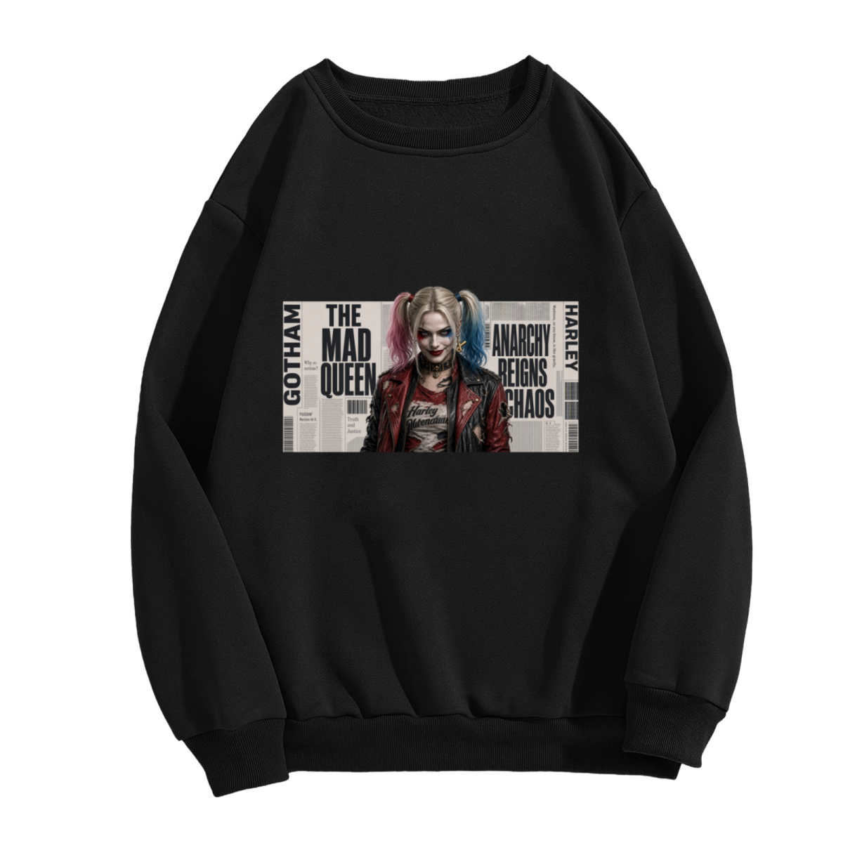 Women's crewneck sweatshirt photographed alone, with a pigtail portrait layered over rectangular newspaper-style lettering on the front