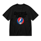 Front view of Grateful Dead Steal Your Face skull logo graphic T-shirt on a black T-shirt