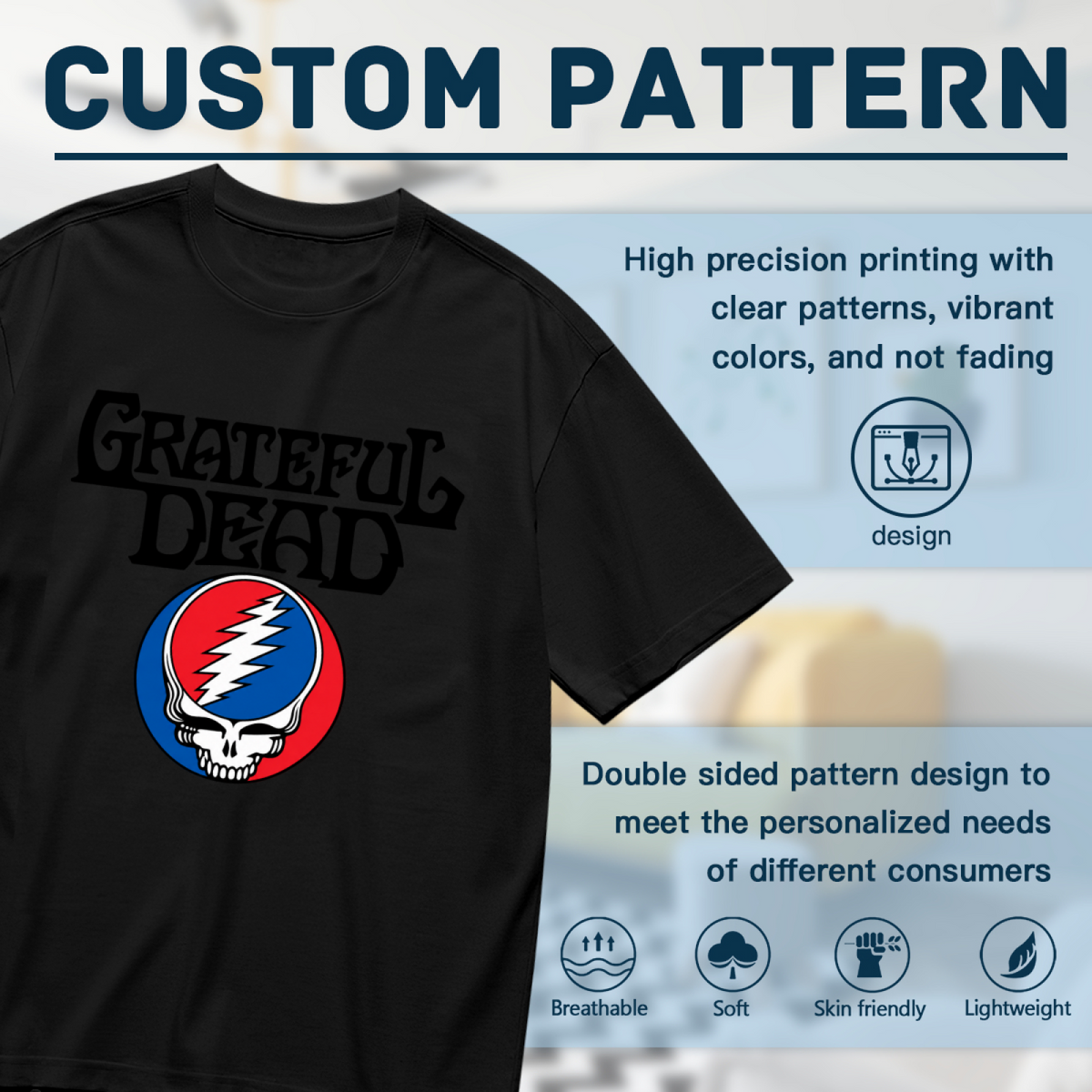Close-up product image of Grateful Dead Steal Your Face skull logo graphic T-shirt on a black T-shirt