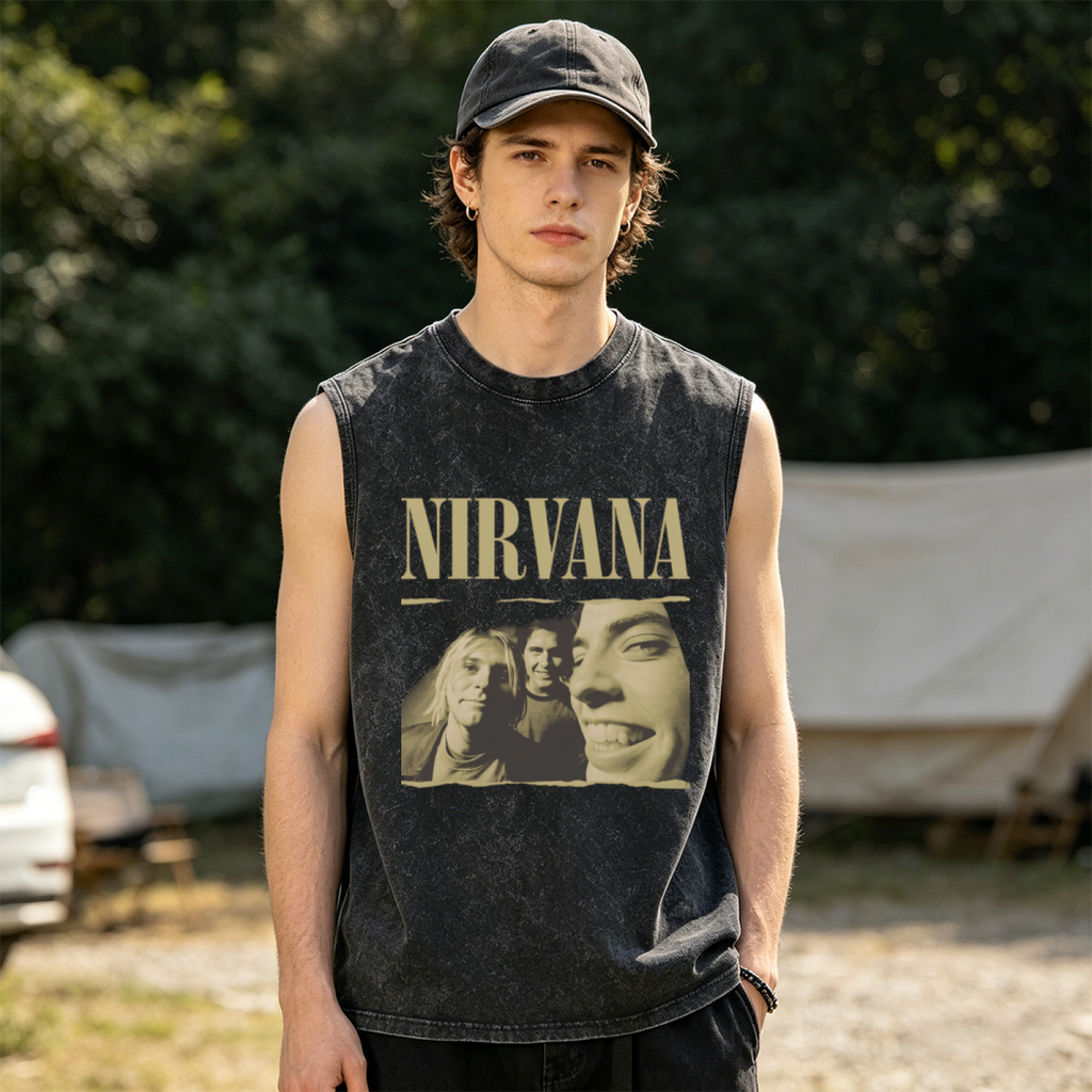Nirvana Vintage Torn Edge Photo Washed Tank Top — product image showing the a Nirvana band photograph presented with a torn-edge visual treatment design