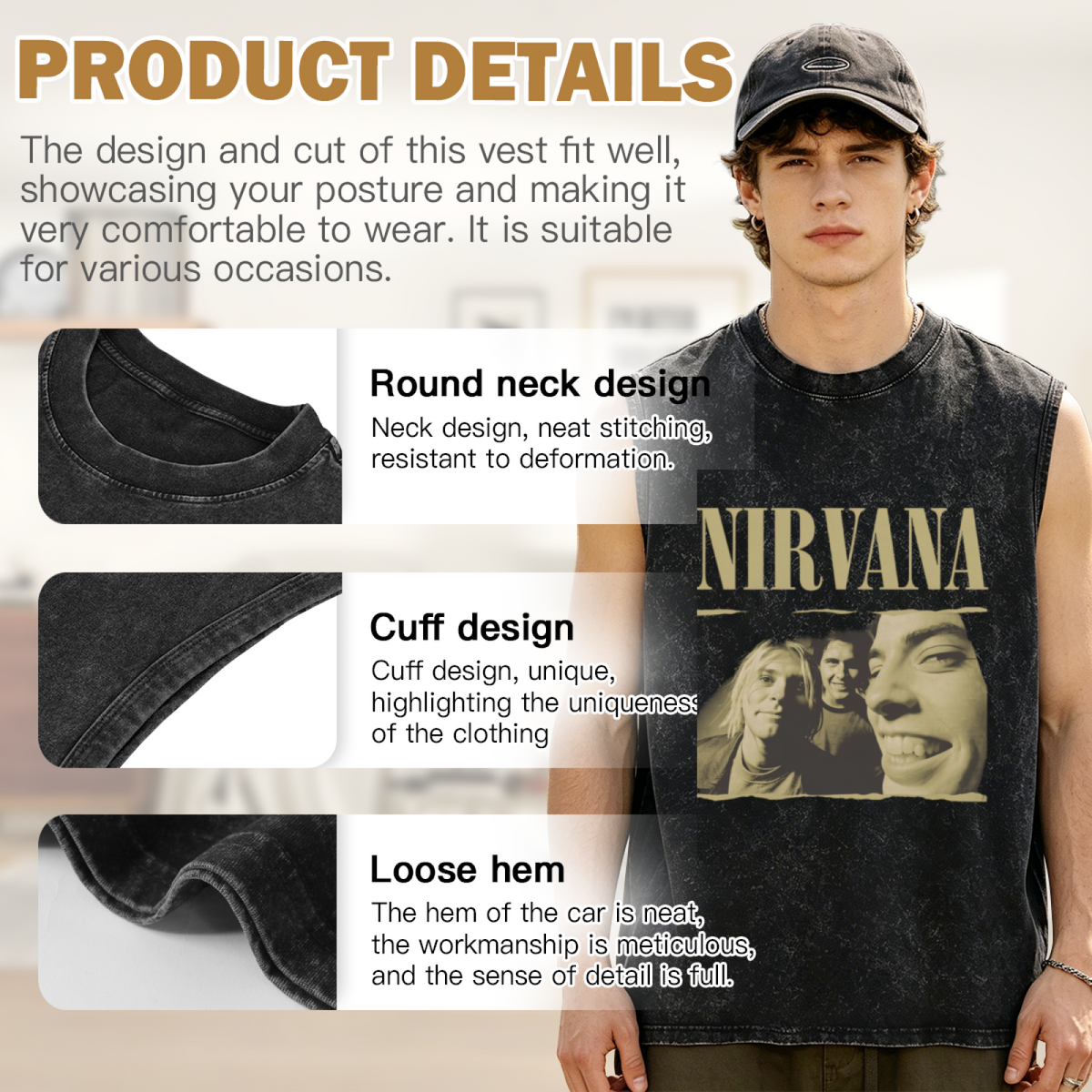 Nirvana Vintage Torn Edge Photo Washed Tank Top — product image showing the a Nirvana band photograph presented with a torn-edge visual treatment design