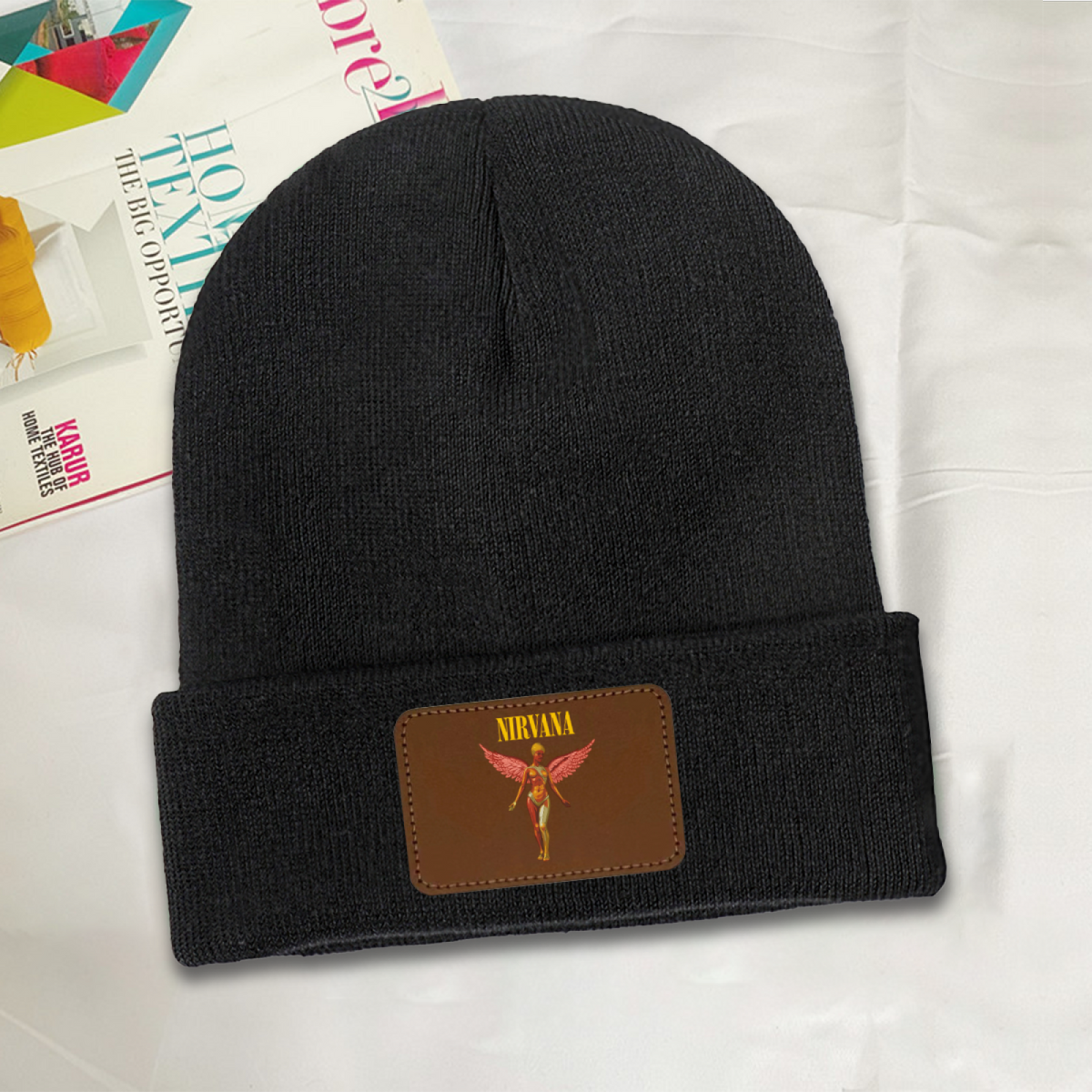 Nirvana In Utero Album Art Knit Beanie – Nirvana-themed rectangular patch beanie product image, DarkGray option