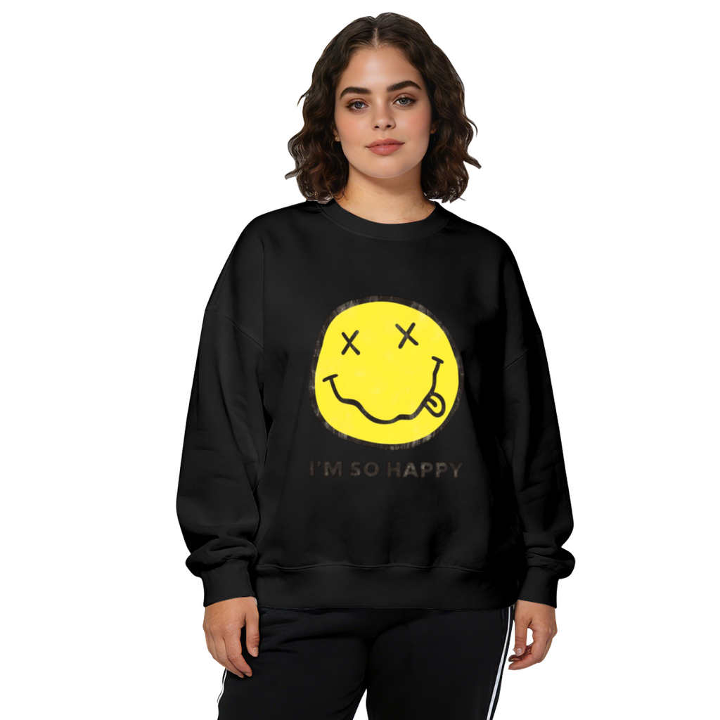 Crewneck sweatshirt product image with I’m So Happy smiley-face graphic and wording