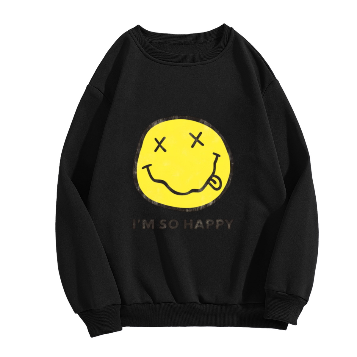 Crewneck sweatshirt product image with I’m So Happy smiley-face graphic and wording