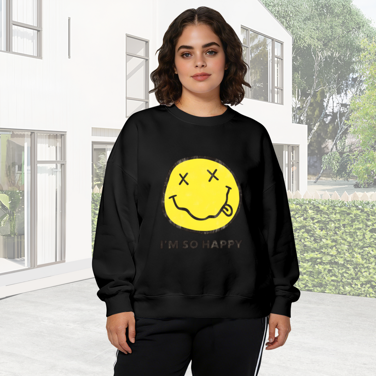 Crewneck sweatshirt product image with I’m So Happy smiley-face graphic and wording