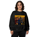 Studio photograph of a model in a women's crewneck sweatshirt showing costumed figures arranged side by side in separate portrait panels