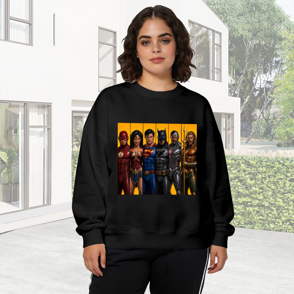 Women's crewneck sweatshirt worn outside, with the camera facing the graphic of costumed figures arranged side by side in separate portrait panels