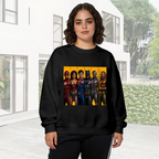 Women's crewneck sweatshirt worn outside, with the camera facing the graphic of costumed figures arranged side by side in separate portrait panels