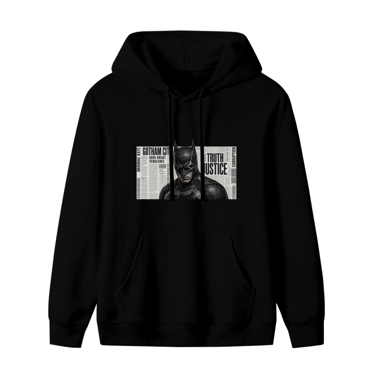 Front garment photograph: women's hoodie decorated with a monochrome cowl portrait layered over a newspaper-style panel