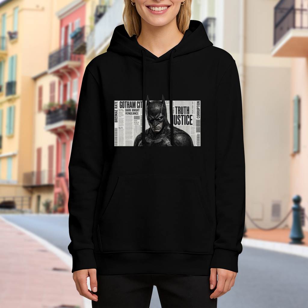 A monochrome cowl portrait layered over a newspaper-style panel visible on a women's hoodie in an outdoor front model view