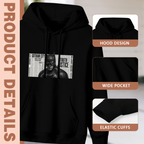 Women's A Cowl against News Type hoodie product-feature illustration with close views of the hood, pocket and cuffs