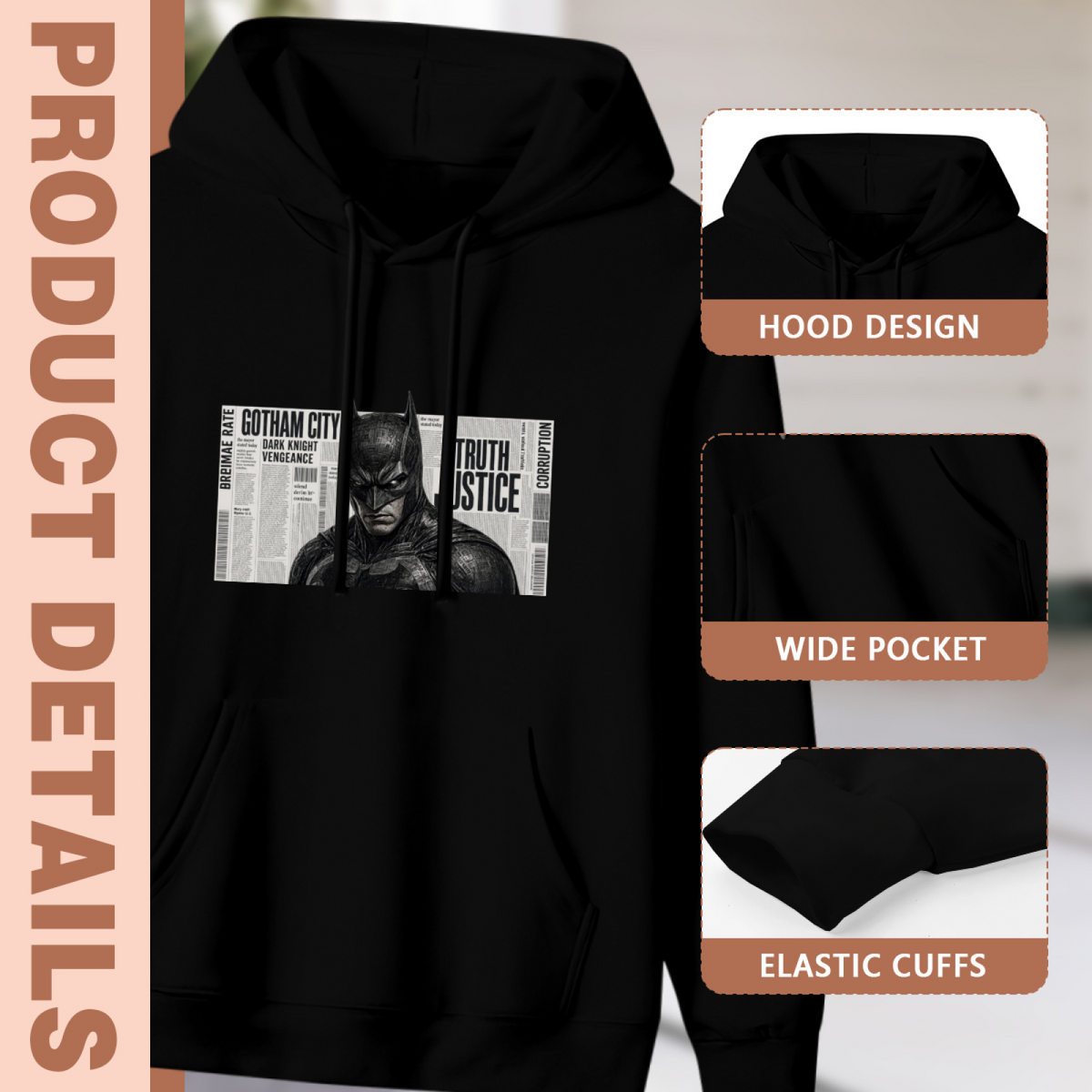 Women's A Cowl against News Type hoodie product-feature illustration with close views of the hood, pocket and cuffs