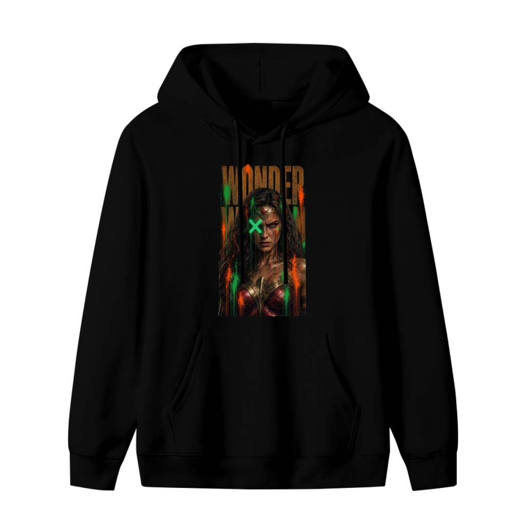 Front garment photograph: men's hoodie decorated with a tall graffiti-style warrior portrait with a green X across the eyes