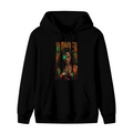 Front garment photograph: men's hoodie decorated with a tall graffiti-style warrior portrait with a green X across the eyes