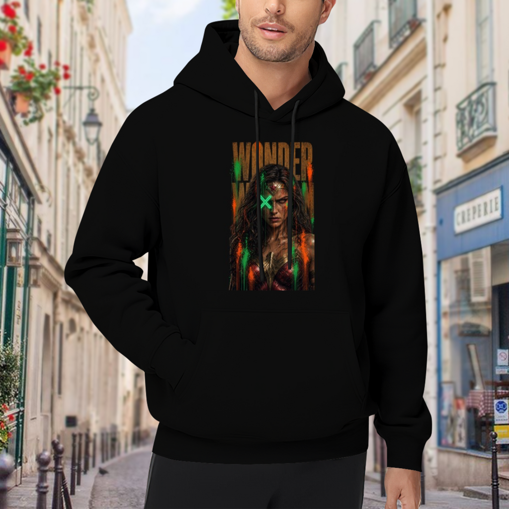 A tall graffiti-style warrior portrait with a green X across the eyes visible on a men's hoodie in an outdoor front model view