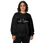 A pigtail rebel portrait in a smoky horizontal panel with lettering printed on a women's crewneck sweatshirt, shown in a front model photo