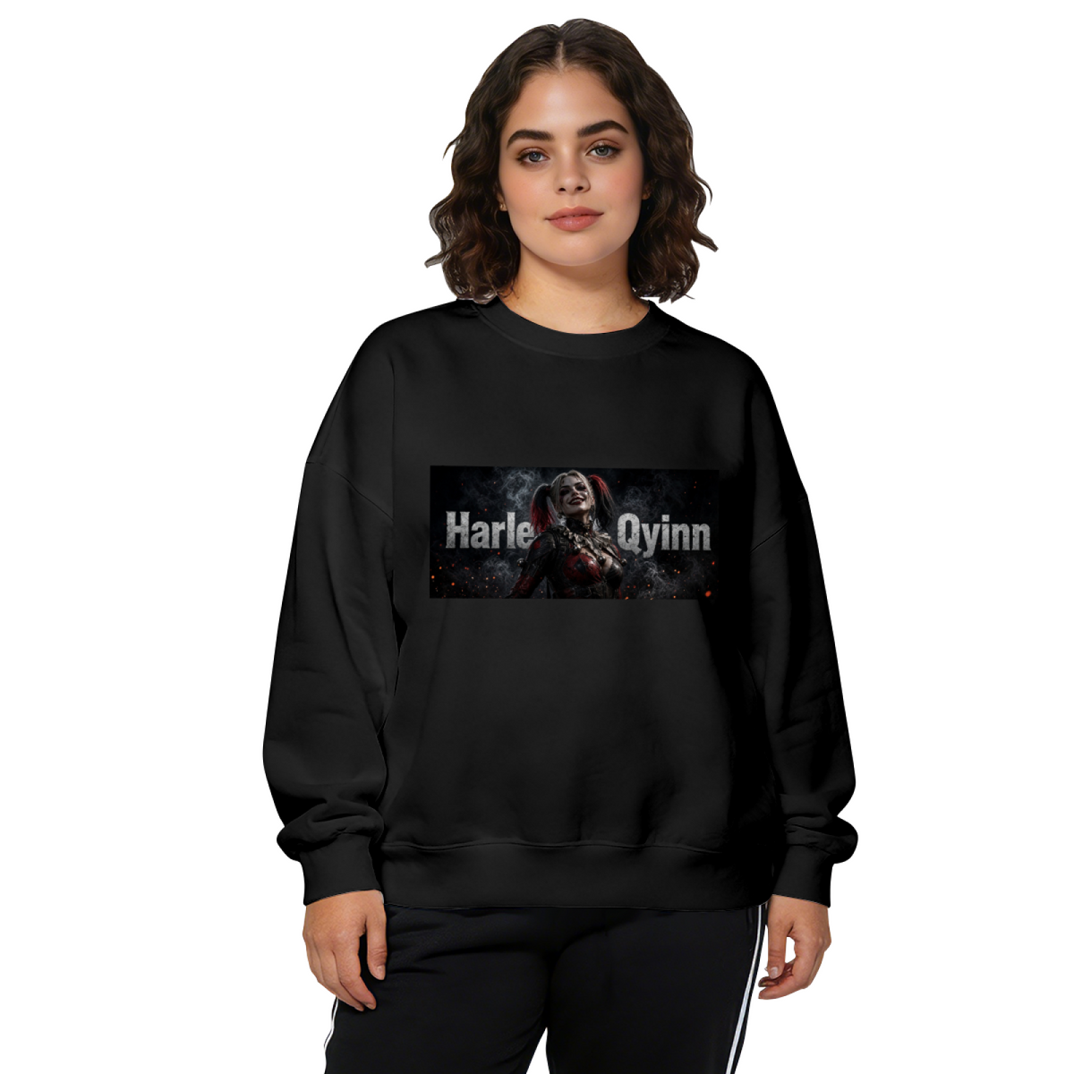A pigtail rebel portrait in a smoky horizontal panel with lettering printed on a women's crewneck sweatshirt, shown in a front model photo