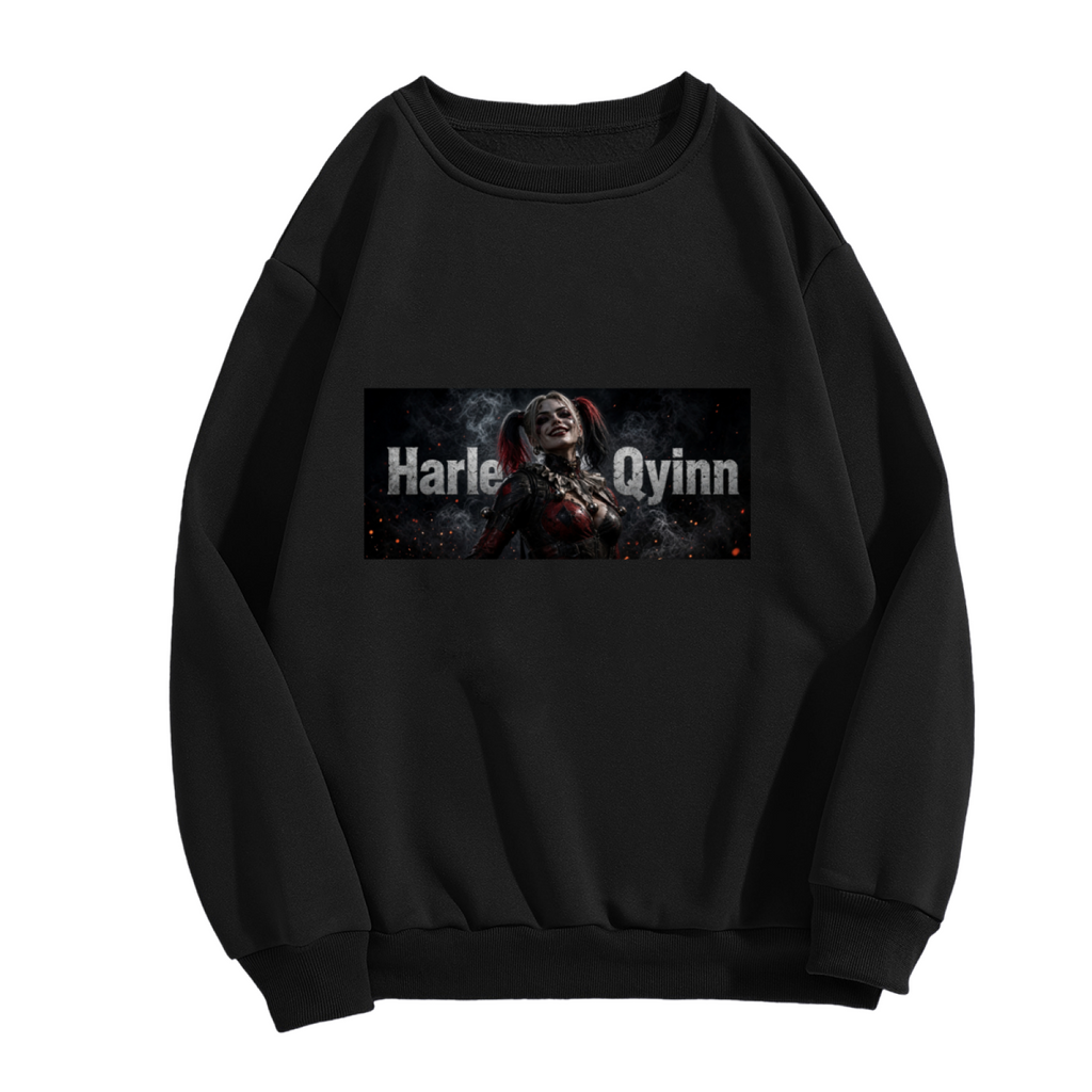 Unworn women's crewneck sweatshirt, front view of the design depicting a pigtail rebel portrait in a smoky horizontal panel with lettering