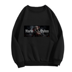 Unworn women's crewneck sweatshirt, front view of the design depicting a pigtail rebel portrait in a smoky horizontal panel with lettering