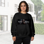 On-location model photograph displaying a pigtail rebel portrait in a smoky horizontal panel with lettering on the front of a women's crewneck sweatshirt