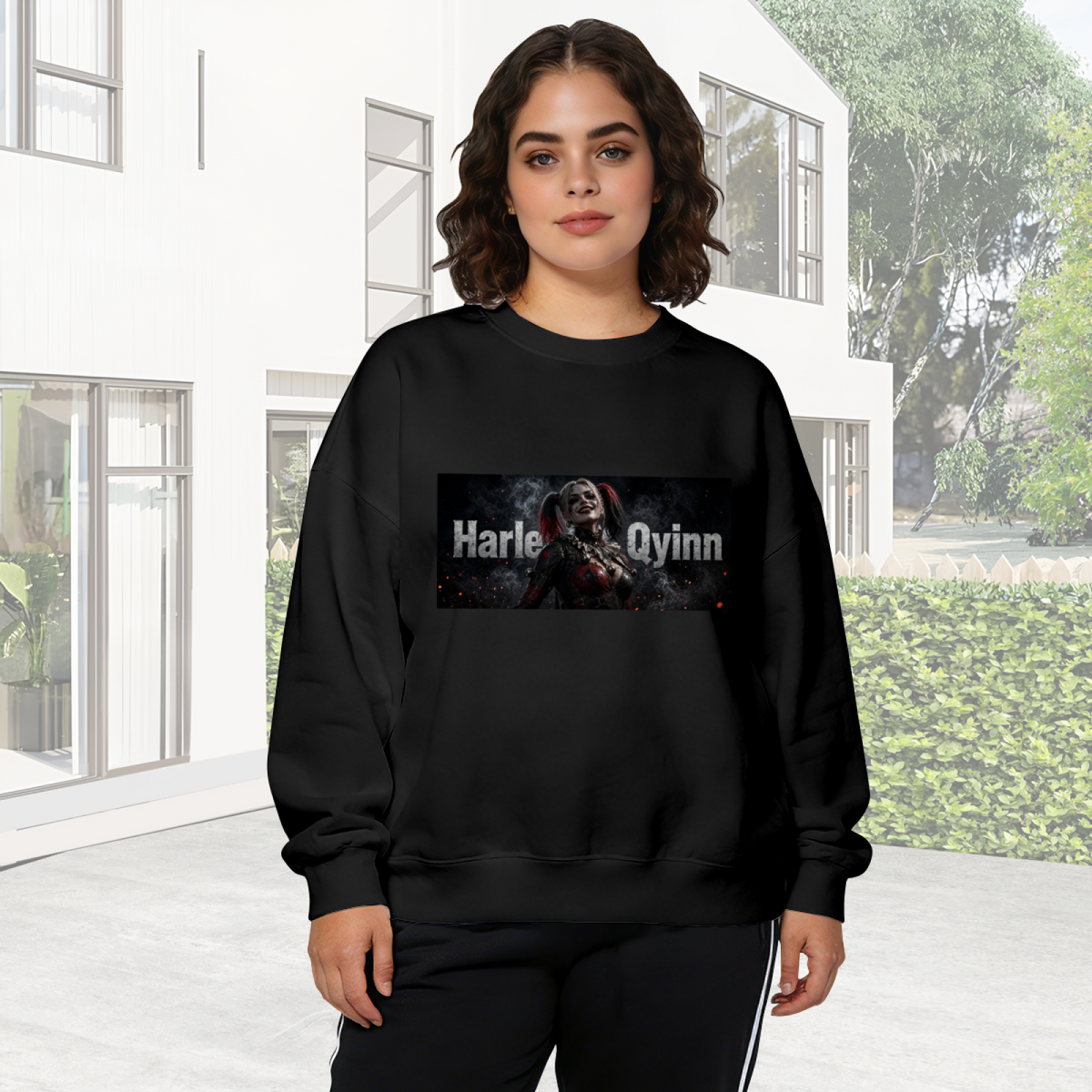On-location model photograph displaying a pigtail rebel portrait in a smoky horizontal panel with lettering on the front of a women's crewneck sweatshirt