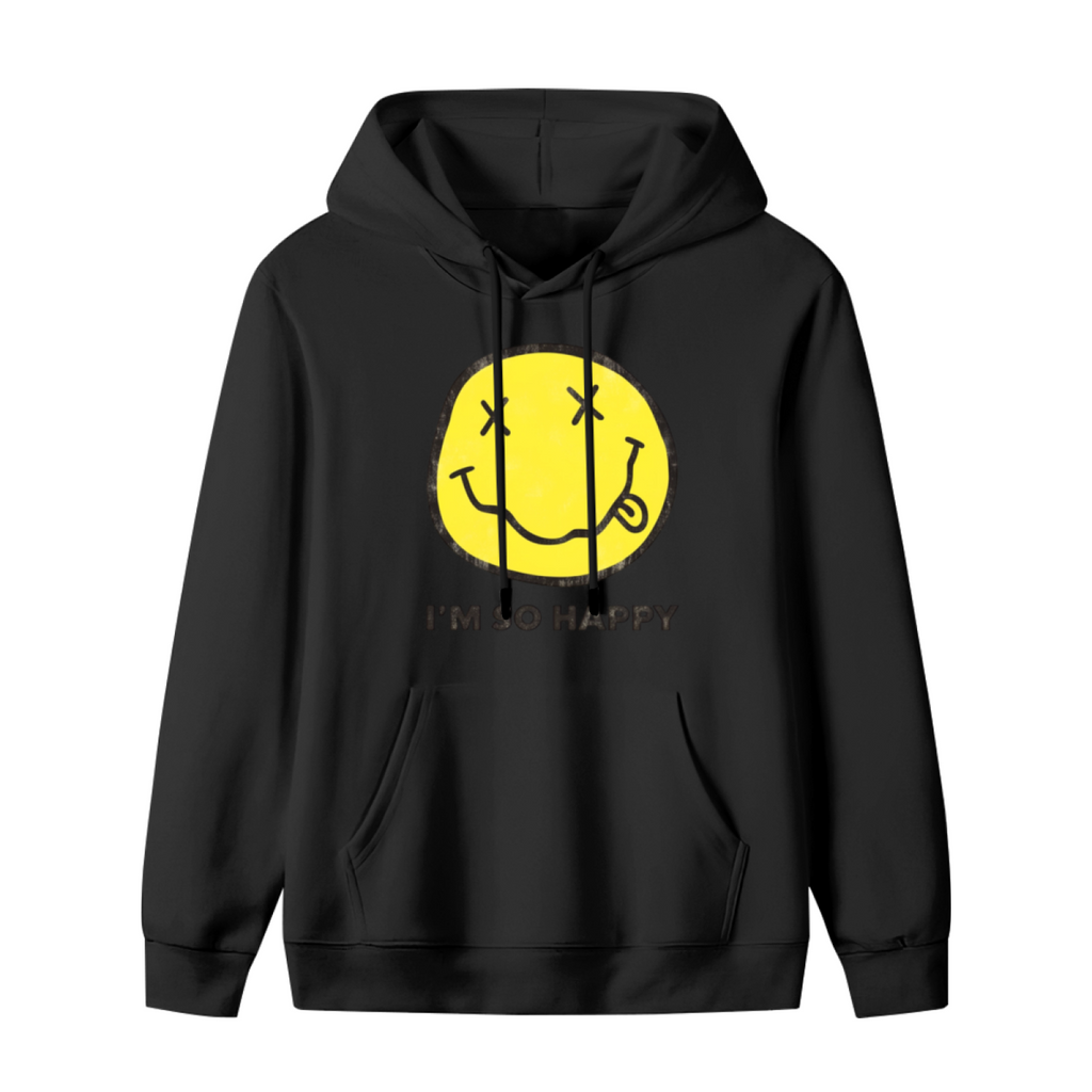 Hoodie product image with i’m so happy smiley artwork, black colorway