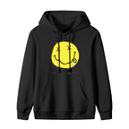 Hoodie product image with i’m so happy smiley artwork, black colorway
