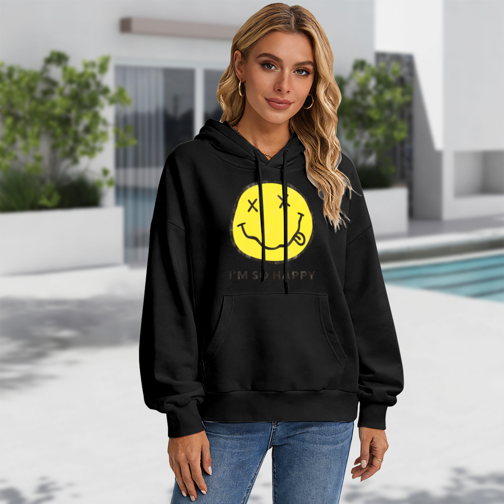 Hoodie product image with i’m so happy smiley artwork