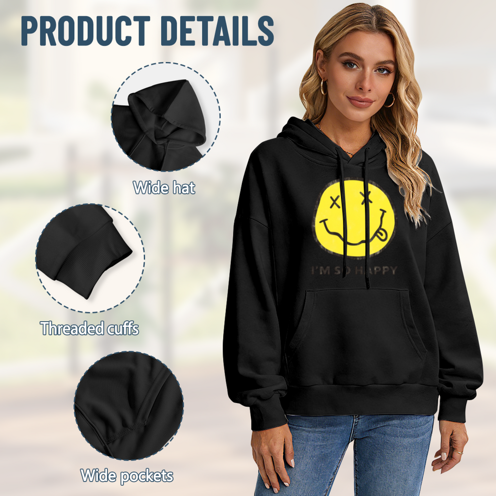 Hoodie product image with i’m so happy smiley artwork