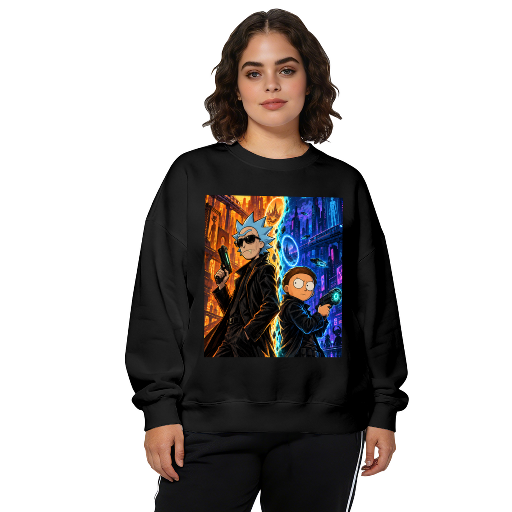 On-model product photo: women's crewneck sweatshirt bearing two travelers between contrasting warm and cool city scenes