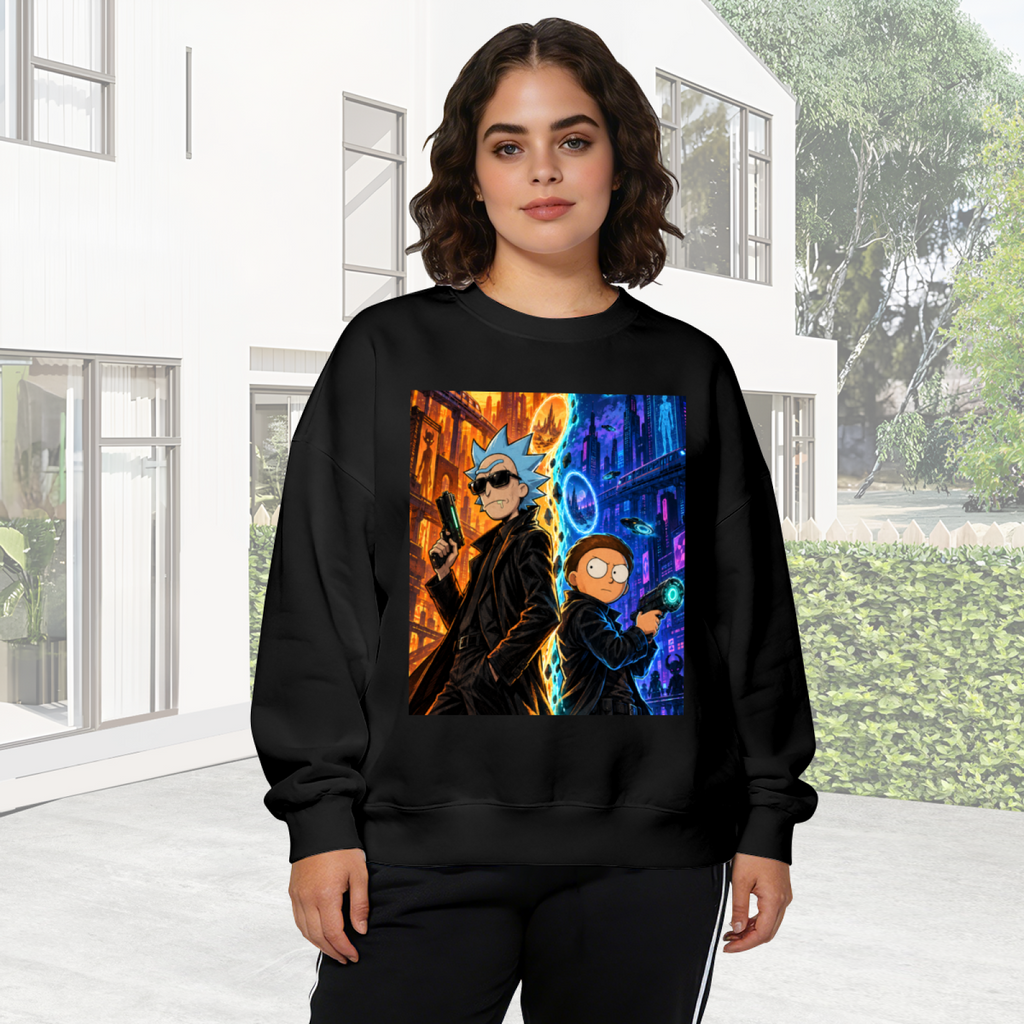 Lifestyle image outdoors: women's crewneck sweatshirt with a front graphic of two travelers between contrasting warm and cool city scenes