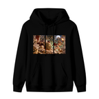A shield-bearing figure in a detailed moonlit battle scene shown on the front of a men's hoodie in a standalone product shot