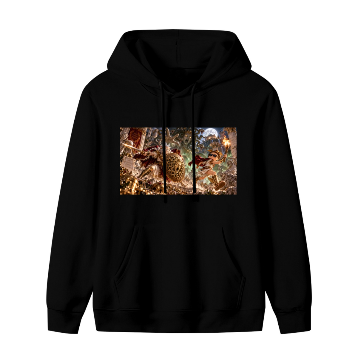 A shield-bearing figure in a detailed moonlit battle scene shown on the front of a men's hoodie in a standalone product shot