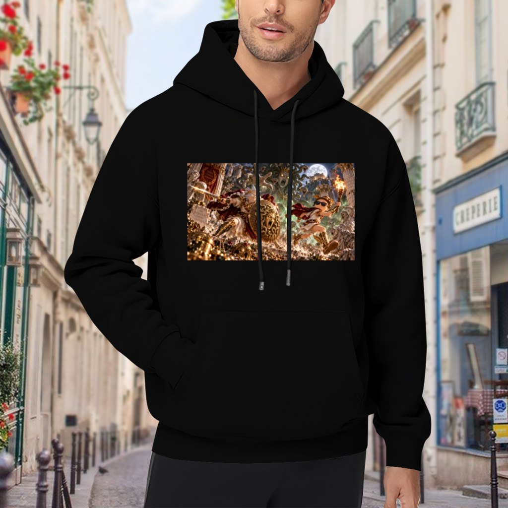 Outdoor photograph of a model in a men's hoodie bearing a shield-bearing figure in a detailed moonlit battle scene