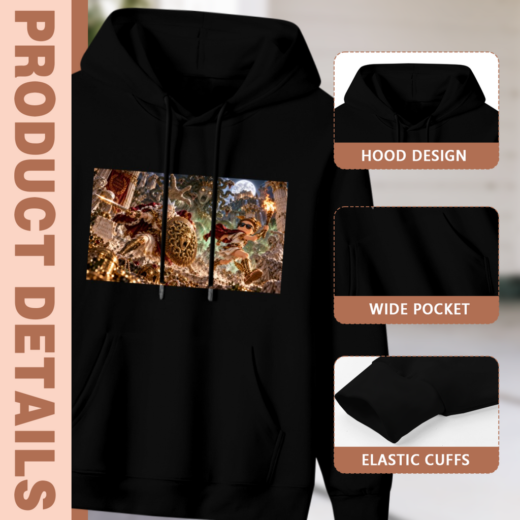 Hood, pouch pocket and sleeve-cuff detail images accompanying the men's Shield in a Night Battle hoodie