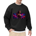 Men's crewneck sweatshirt seen on a model, its front graphic depicting a warrior portrait against vivid prismatic bands of light