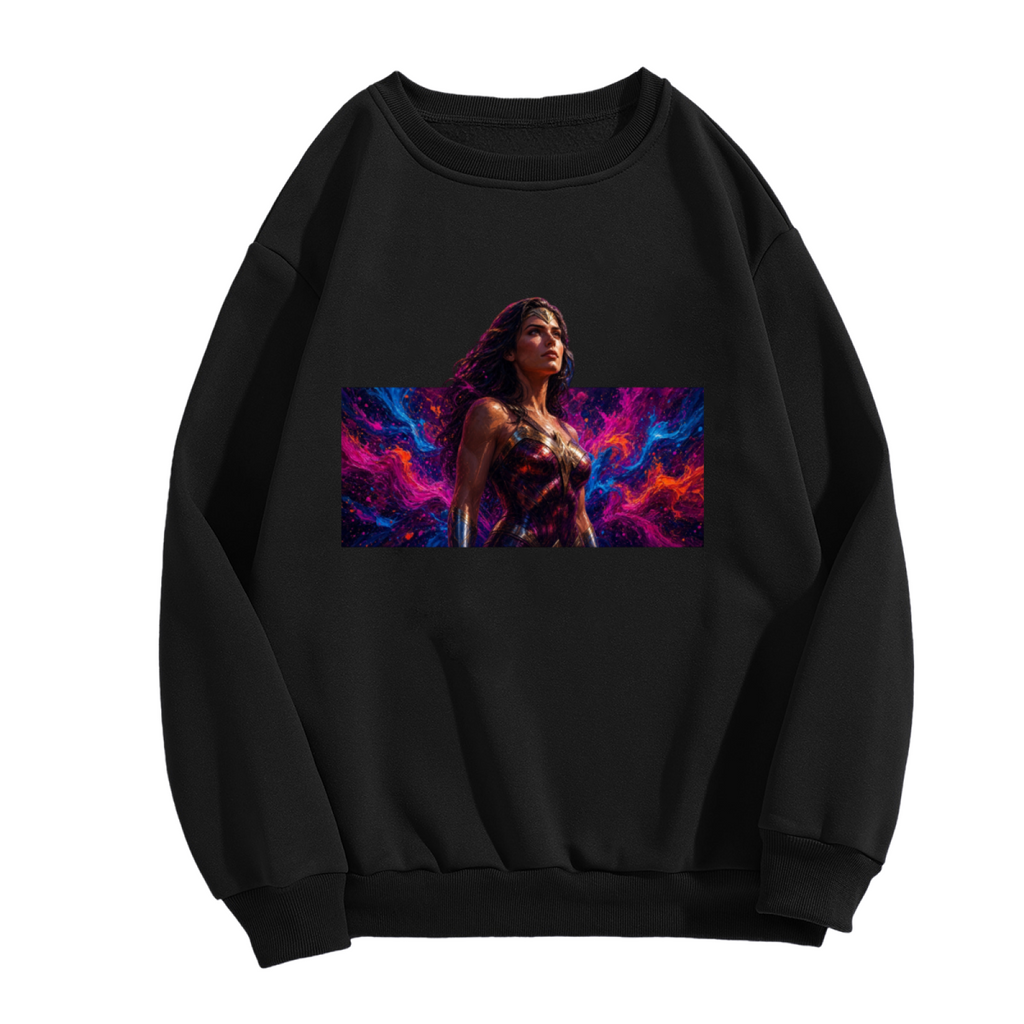Front garment photograph: men's crewneck sweatshirt decorated with a warrior portrait against vivid prismatic bands of light