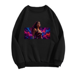 Front garment photograph: men's crewneck sweatshirt decorated with a warrior portrait against vivid prismatic bands of light