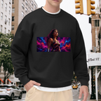 A warrior portrait against vivid prismatic bands of light visible on a men's crewneck sweatshirt in an outdoor front model view