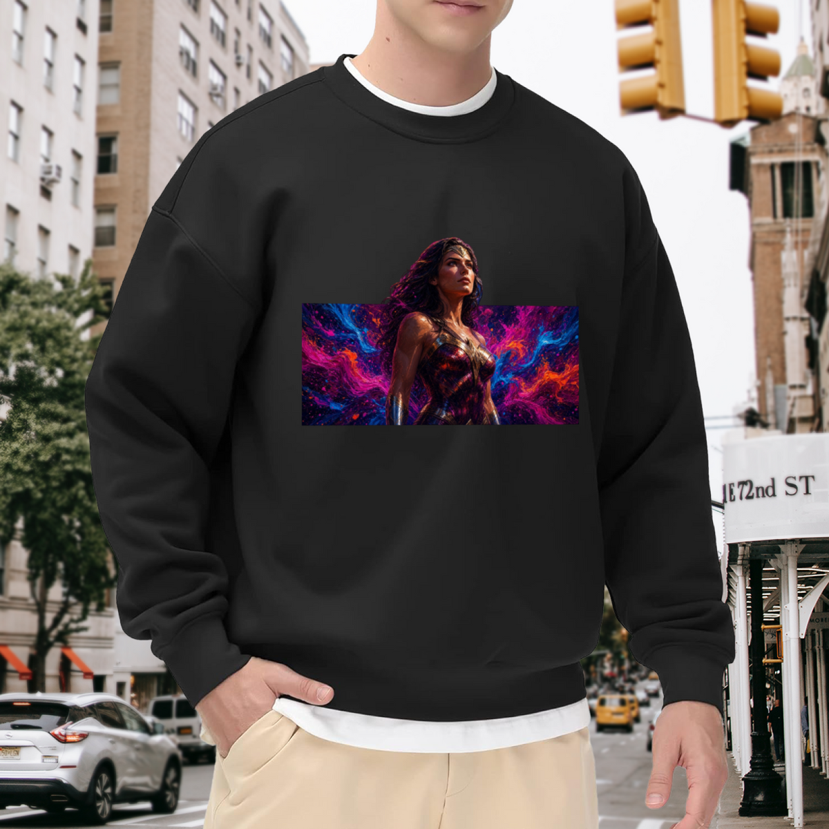 A warrior portrait against vivid prismatic bands of light visible on a men's crewneck sweatshirt in an outdoor front model view